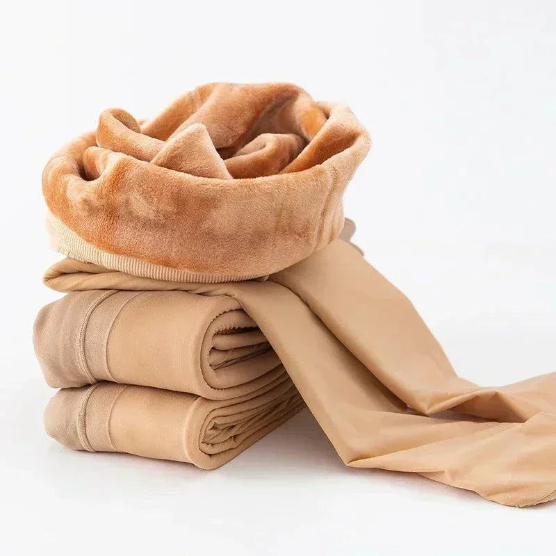 Women’s thermal stockings in beige, ultra-warm fleece-lined, high-waist elastic tights for winter comfort.