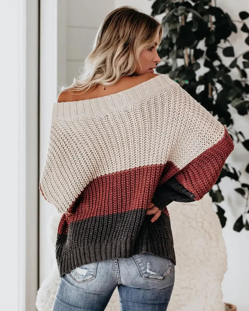 Off Shoulder Color Block Knit Sweater for Women