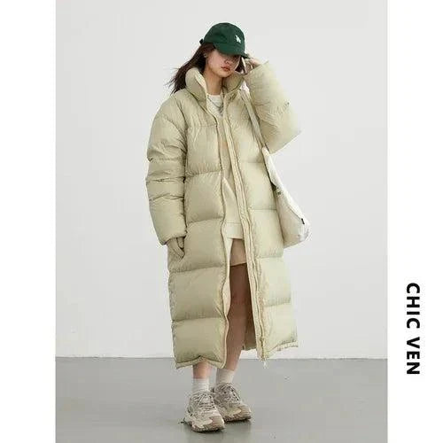 Women’s Long Down Coat for Autumn/Winter, thick and warm, CHIC VEN loose casual jacket 2023.