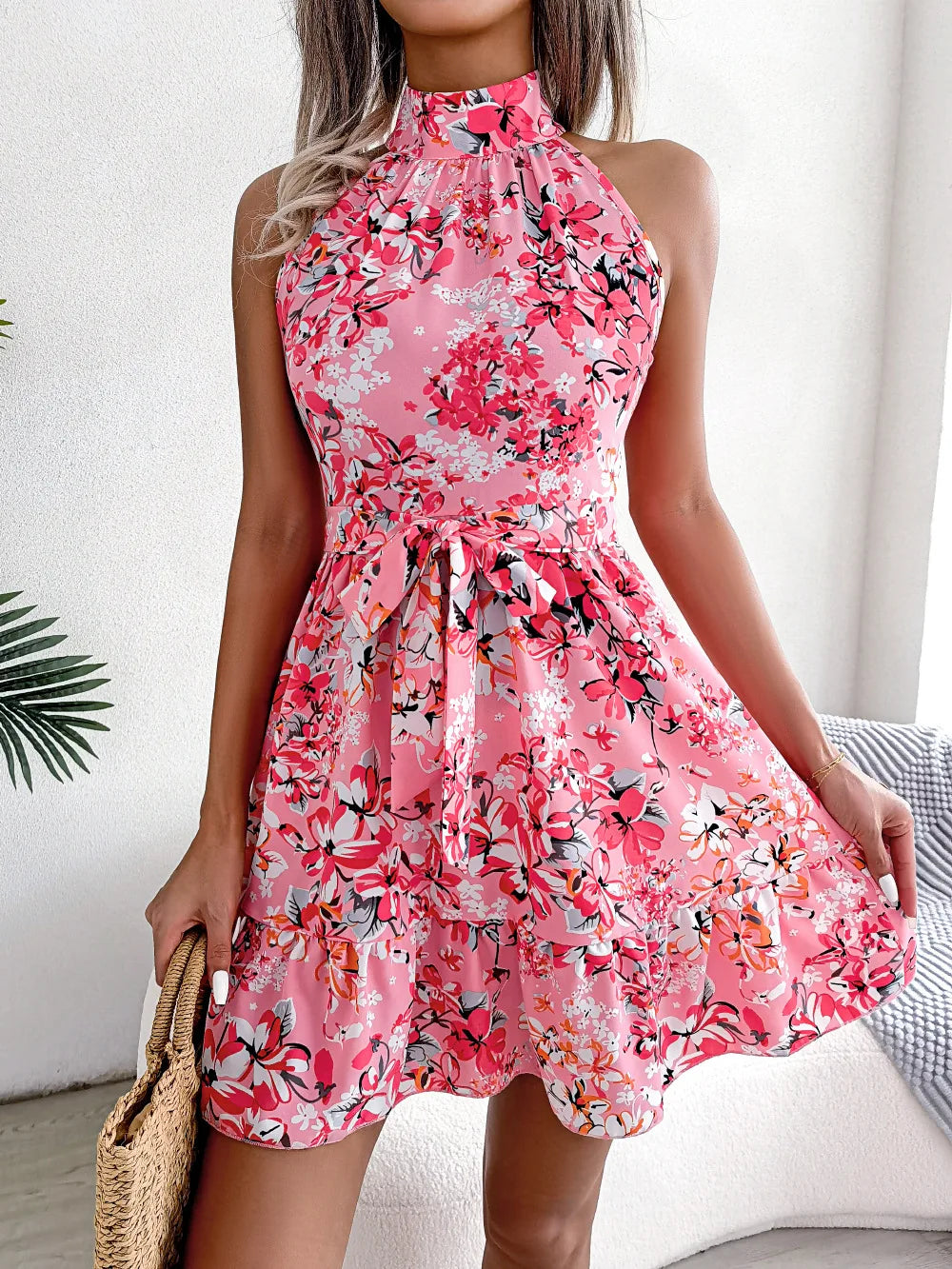 Floral Halter Neck Ruffled A-Line Dress