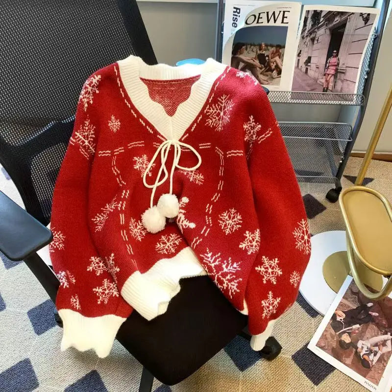 Christmas Snowflake Sweater Women Jumper Bow V Neck