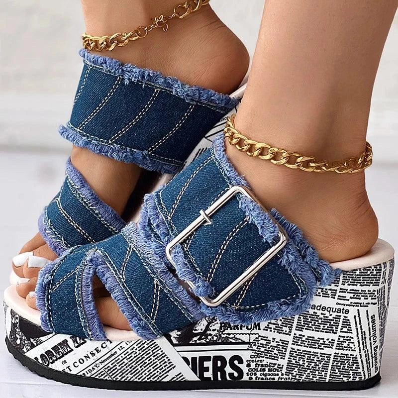 Chic Denim Wedge Sandals