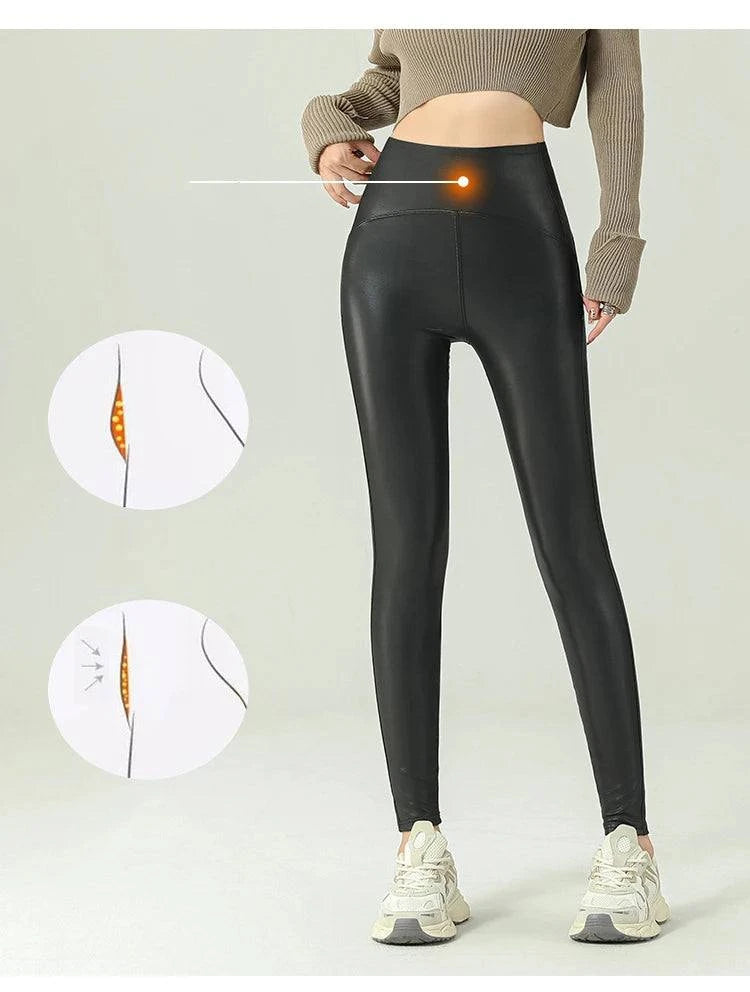 Fall Winter High-Grade Fleece PU Leather Leggings