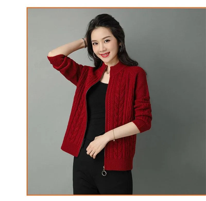 Half High Collar Zipper Knitted Cardigan Jacket for Women