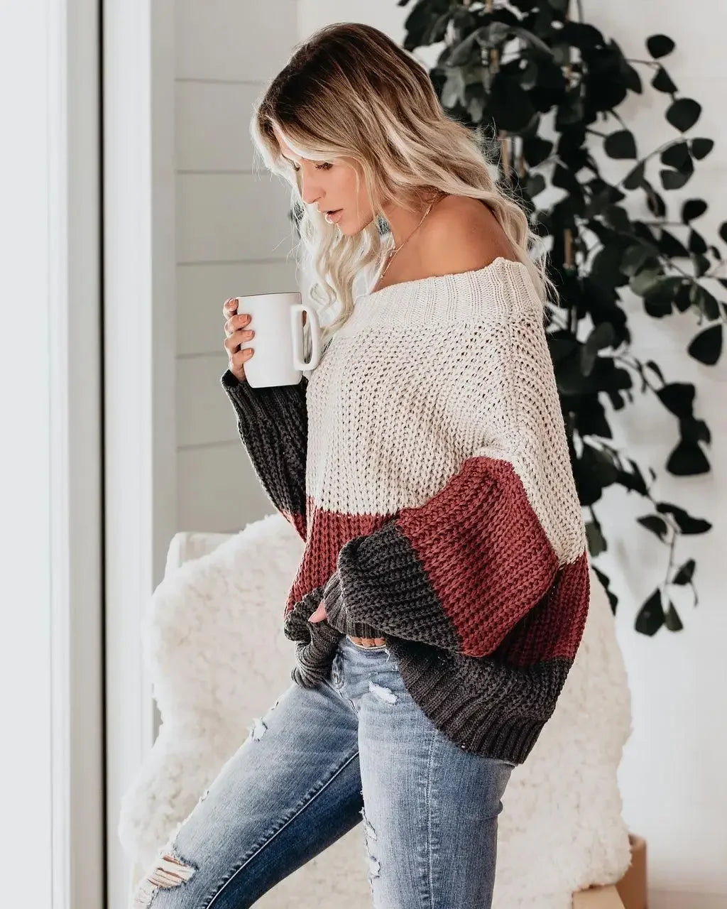 Off Shoulder Color Block Knit Sweater for Women