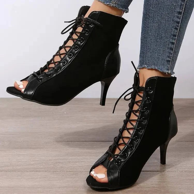 Sassy Stilettos: Black Lace-Up Peep Toe Heels