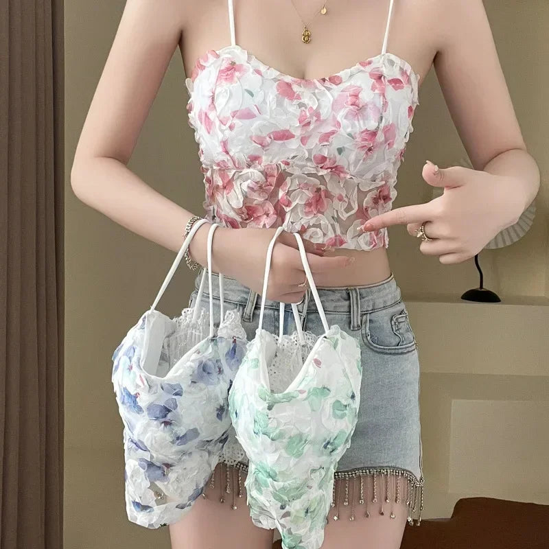 Sweet floral lace corset crop top with delicate sleeveless design, ideal for summer fashion.