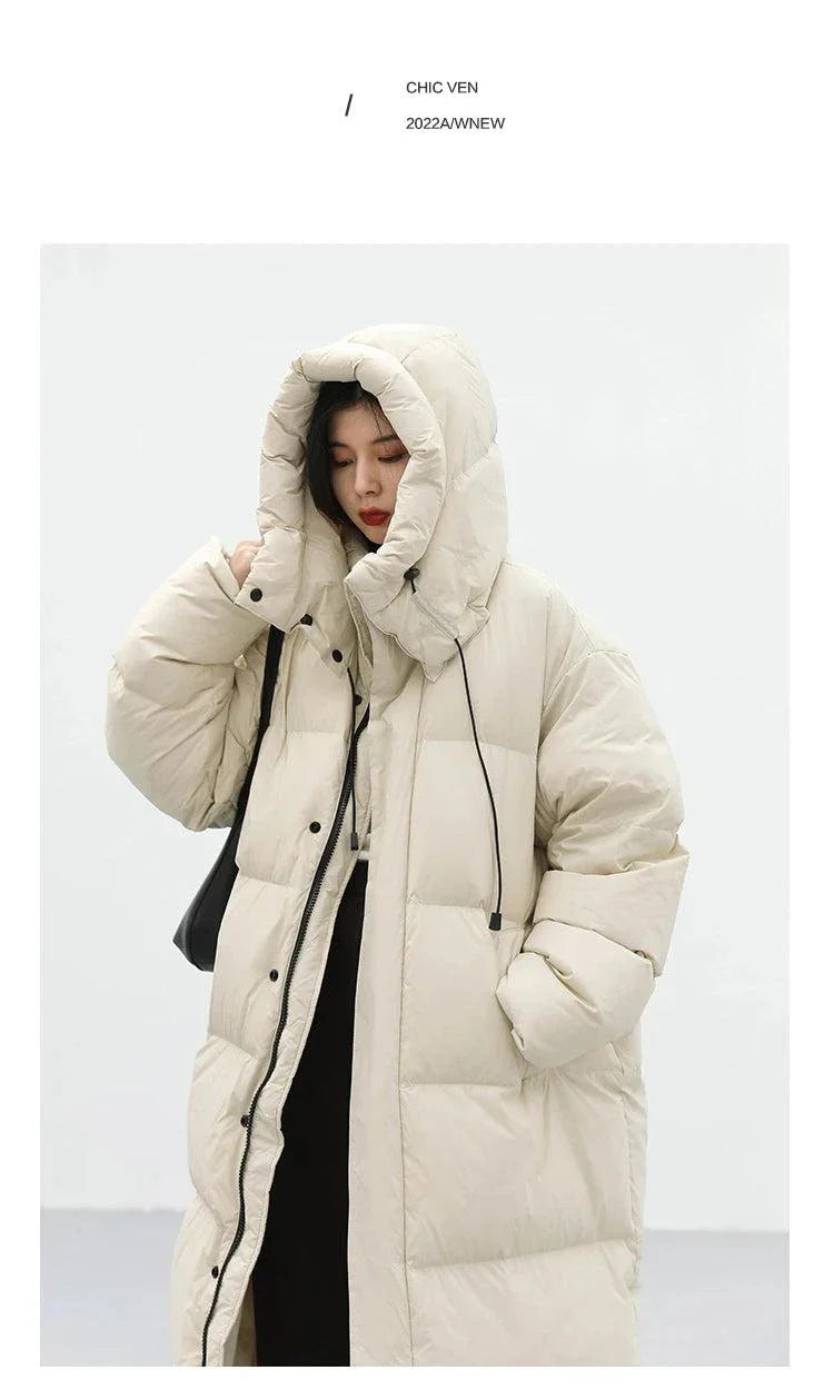 Korean loose hooded long women's down coat, thick warm winter jacket.