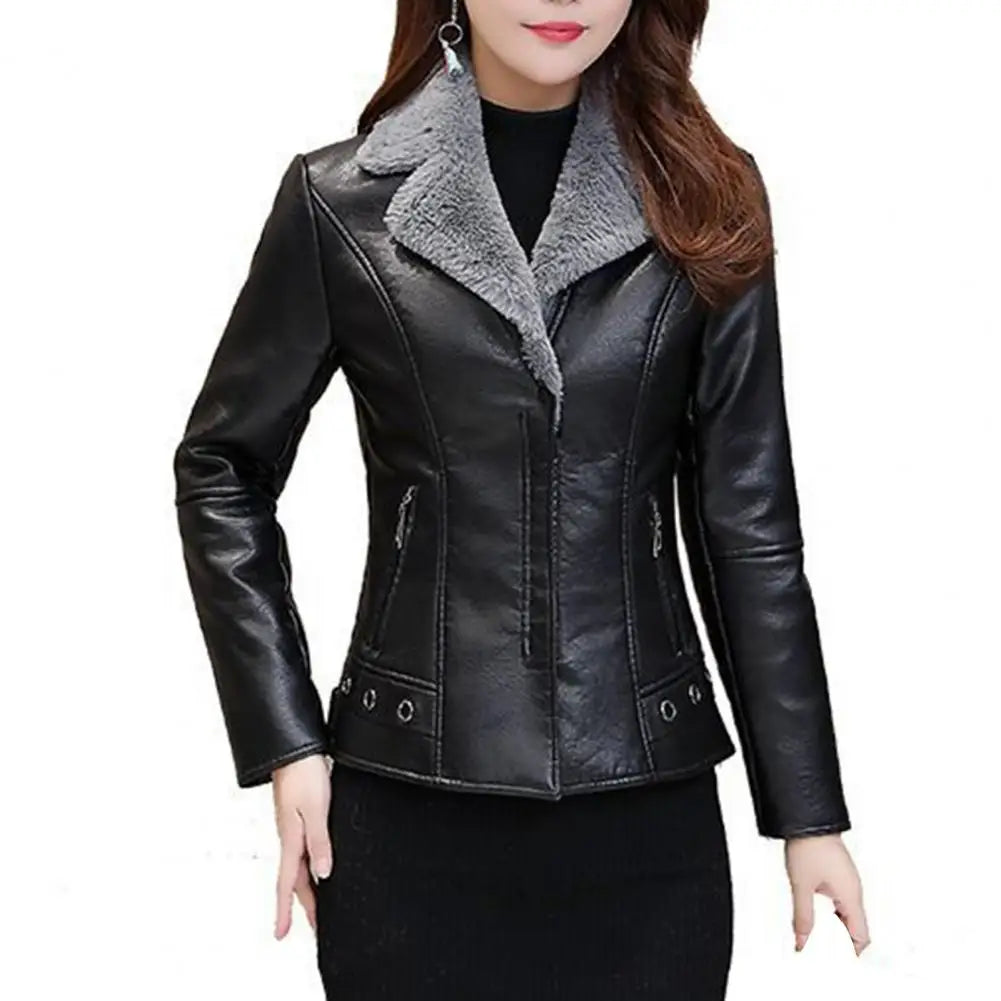 Plush Lapels Faux Leather Jacket for Women