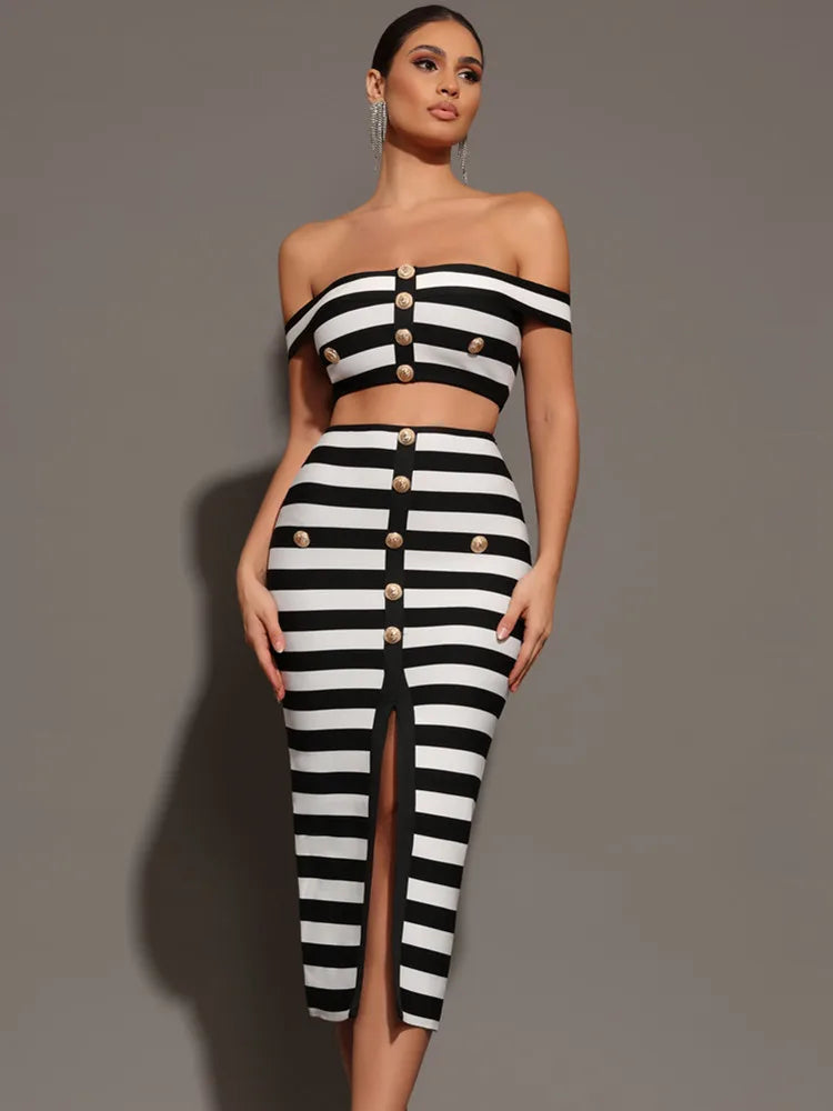 Striped Off-Shoulder Two-Piece Mini Set