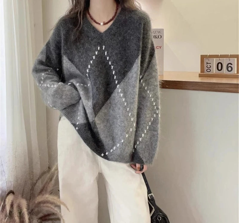 Jmprs Argyle Vintage Sweaters for Women - Cozy Korean Design