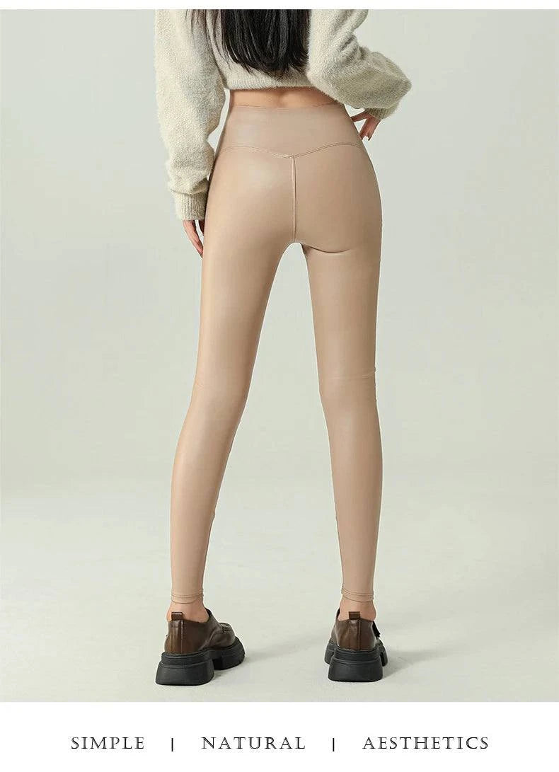 Fall Winter High-Grade Fleece PU Leather Leggings