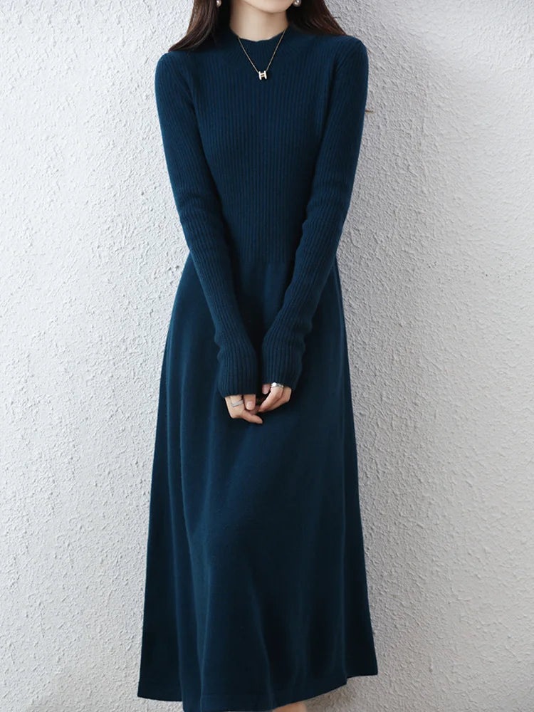 Autumn Winter Women's Wool Mock Neck Dress