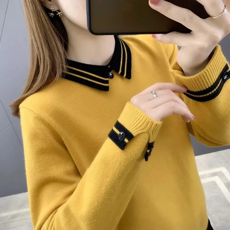 New Autumn Winter Contrast Color Doll Collar Sweater for Women