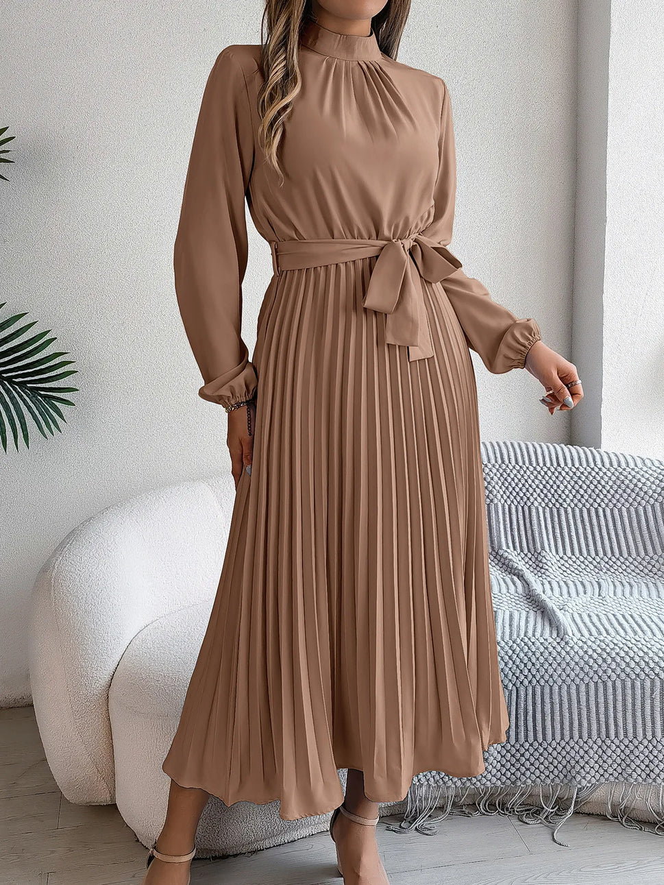 Elegant Stand-Up Collar Pleated Long Dress