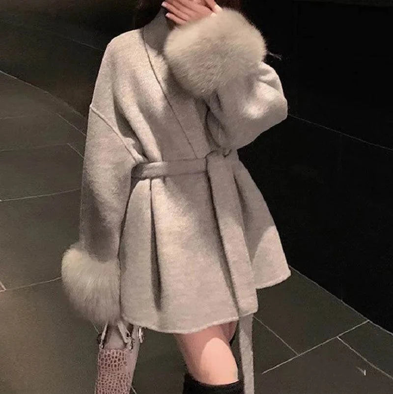 Winter New Loose Fit Lazy Style Chic Fashion V-neck Blend Coat