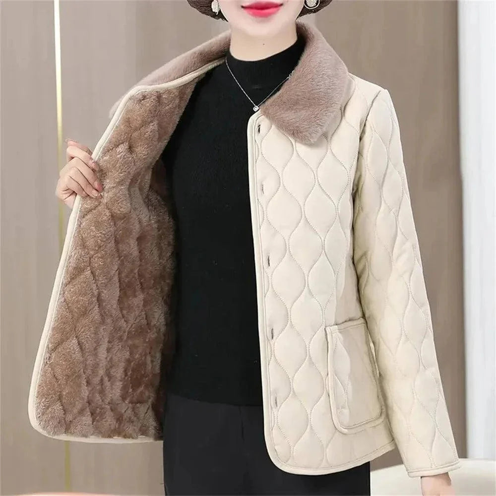 Wine Red Plush Winter Jacket for Women with Fur Collar, Luxurious Velvet Fabric.