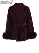 Switch ZMEENNA Wine Red Fur Cuff Belted Woolen Coat for Women 1 image