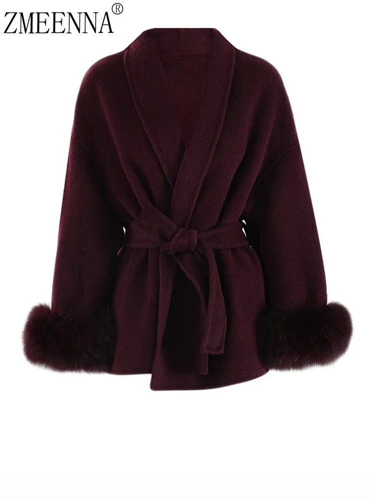 ZMEENNA Wine Red Fur Cuff Belted Woolen Coat for Women