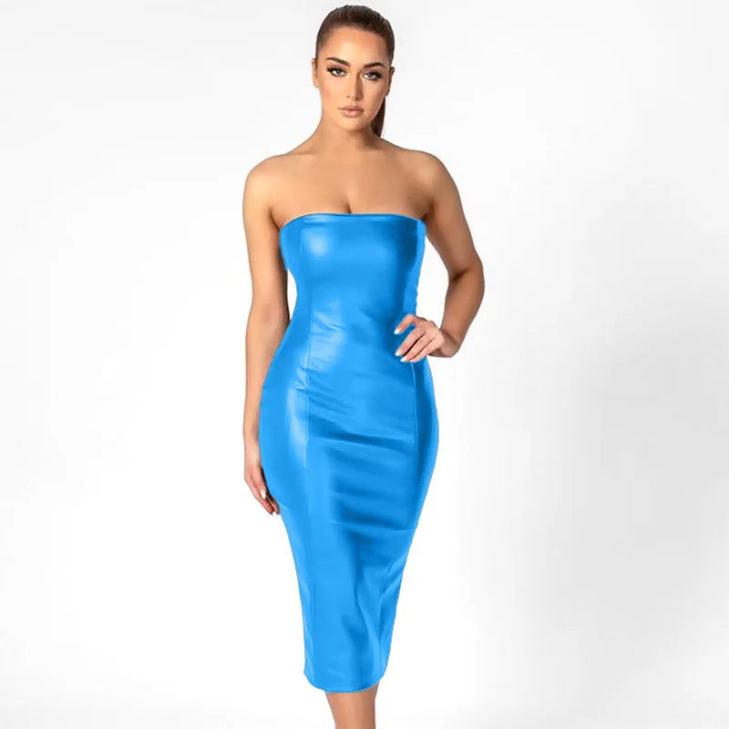 Slim Fit PU Leather Mid-Length Dress