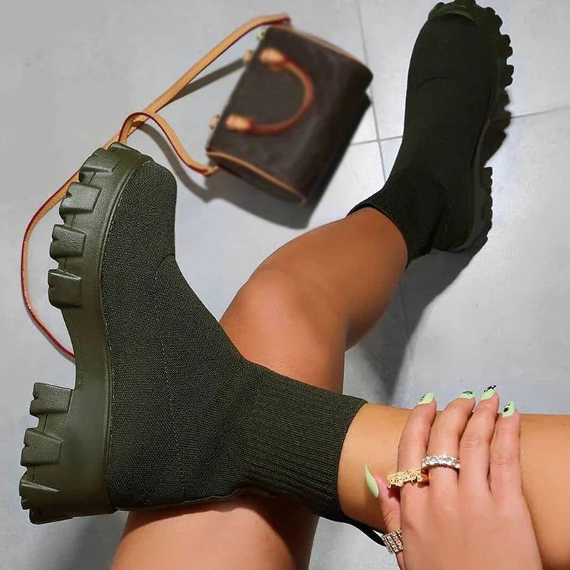 Stylish Short Knitting Platform Ankle Boots for Women