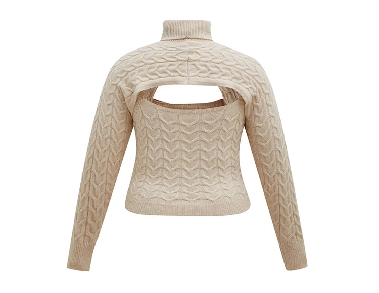 ONELINK Beige Turtleneck Hollow Out Plus Size Sweater