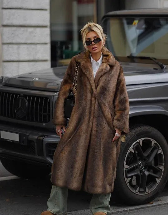 Dark Brown Faux Fur Long Overcoat for Women