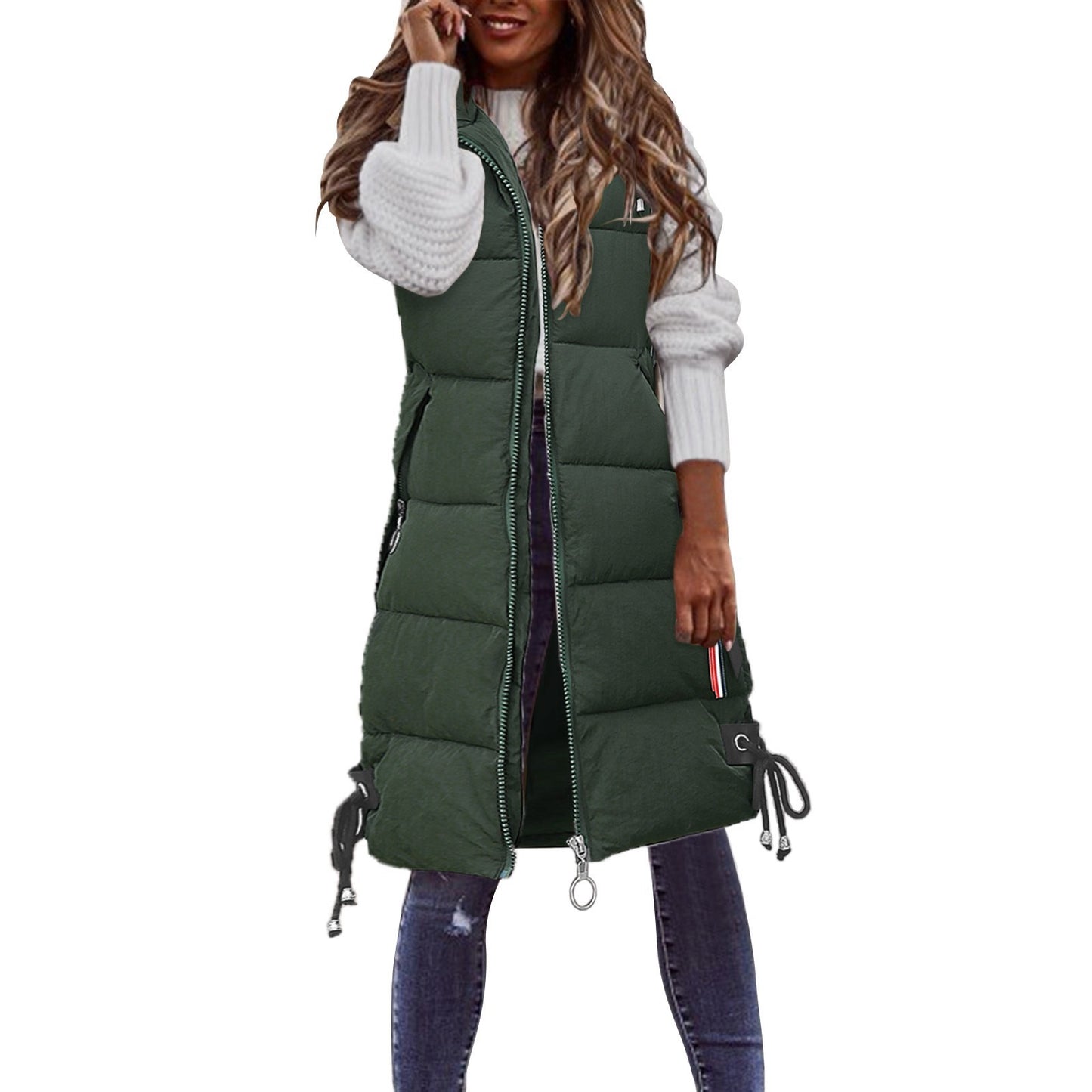 Women Solid Hooded Vest Zipper Pocket