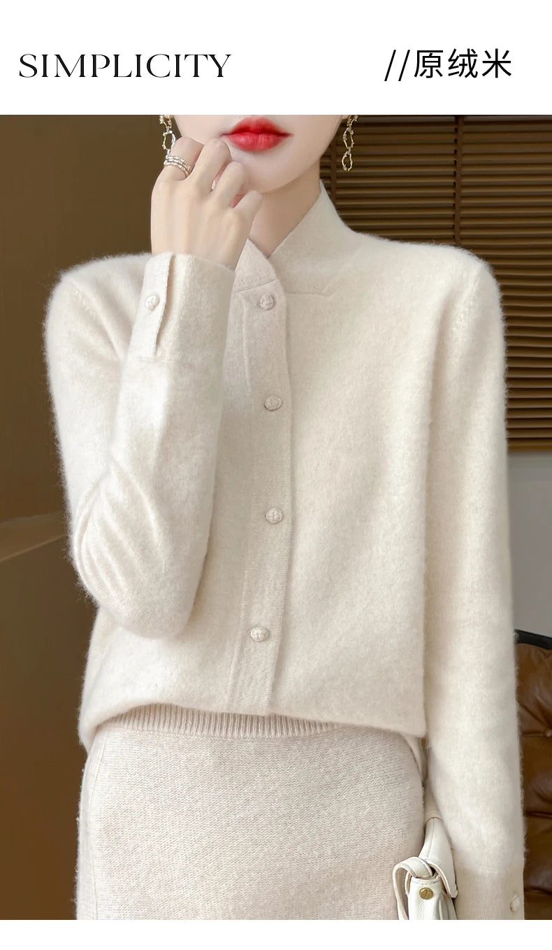 100% Merino Wool Stand Collar Cardigan