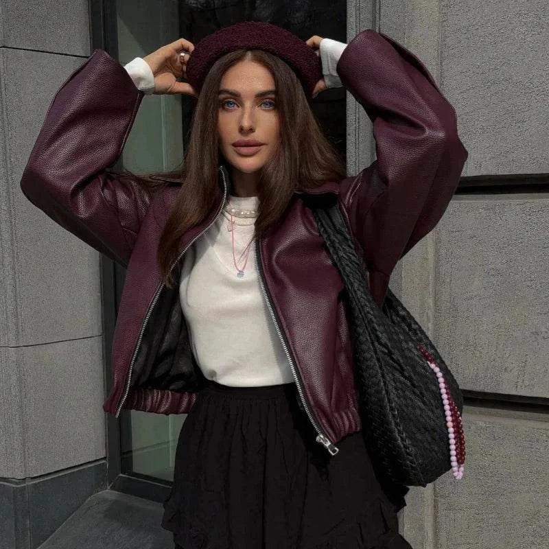 Vintage lapel leather jacket for women with long sleeves, solid color, chic autumn streetwear style.