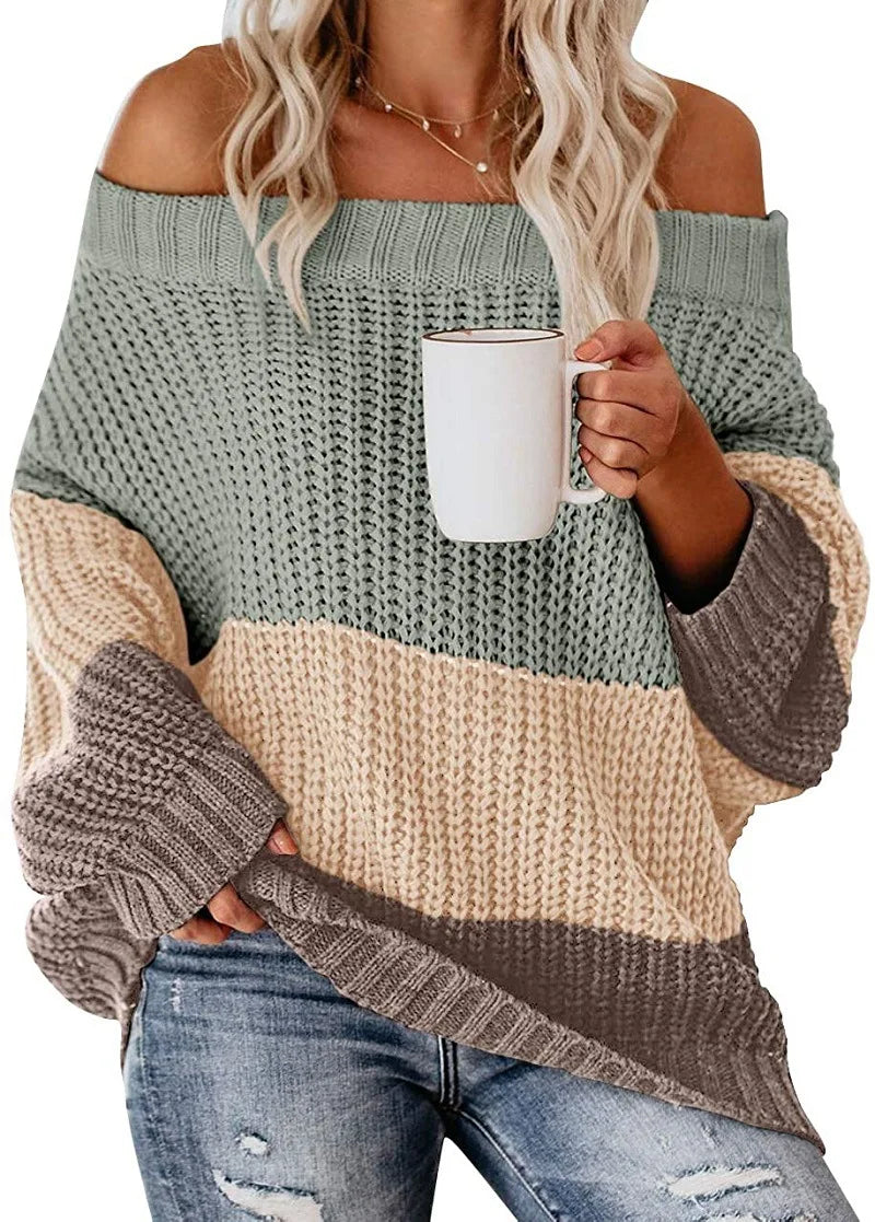 Off Shoulder Color Block Knit Sweater for Women