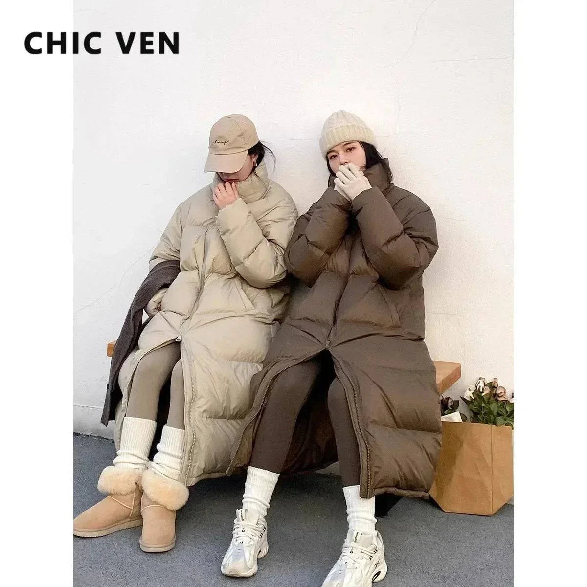 Long down coat for women, autumn/winter, loose casual fit, CHIC VEN, warm duck down insulation.