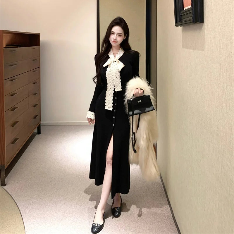 New Autumn Winter Women's V Neck Knitted Long Sleeve Dress