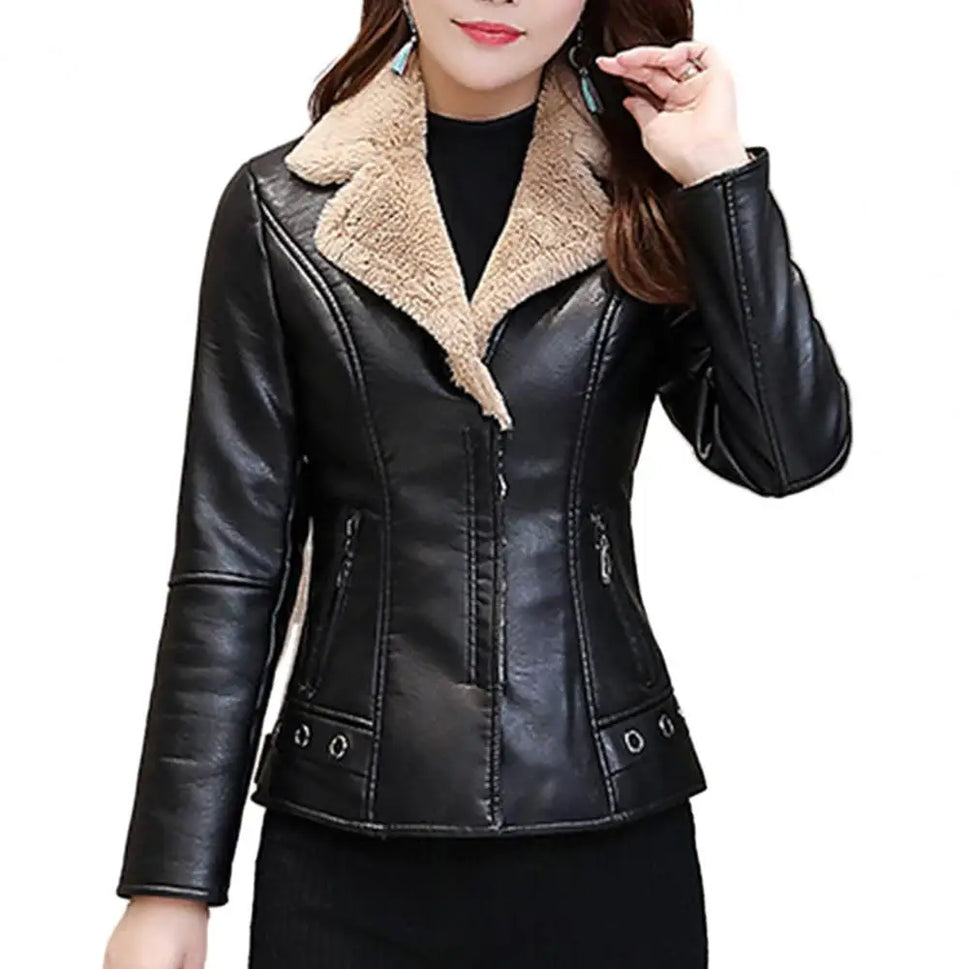 Plush Lapels Faux Leather Jacket for Women