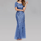 Switch Elegant Luxury Sequin Mesh Evening Maxi Dress with floral glitter pattern, round neck, and sleeveless design. 1 image