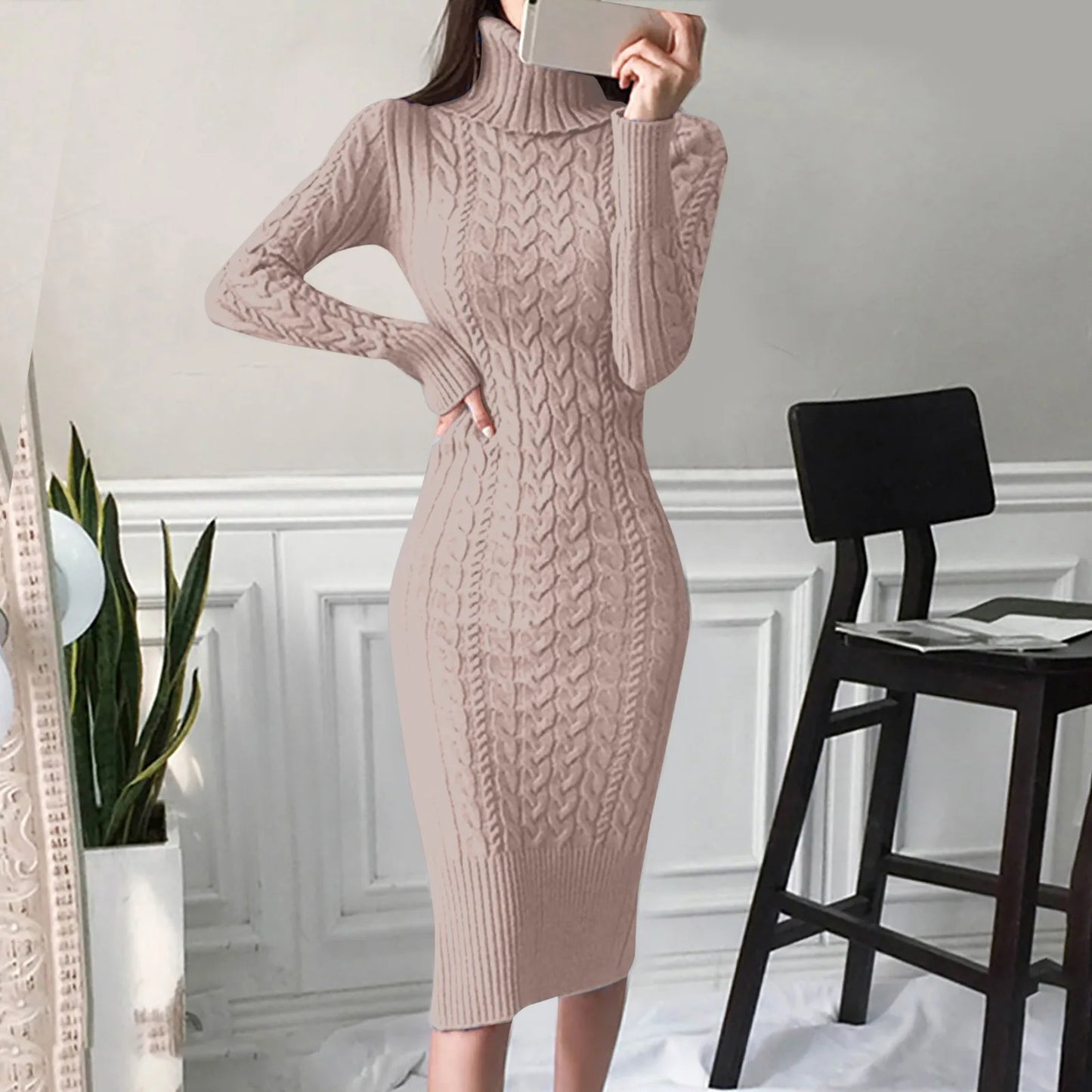 Women's Turtleneck Knitted Long Dress