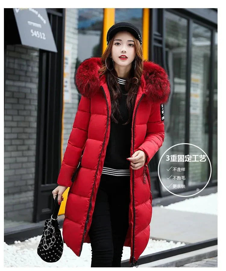 Winter Fashion Fur Collar Hoodie Parka for Women - Casual Zipper Ladies' Bubble Puffer Coat - Red