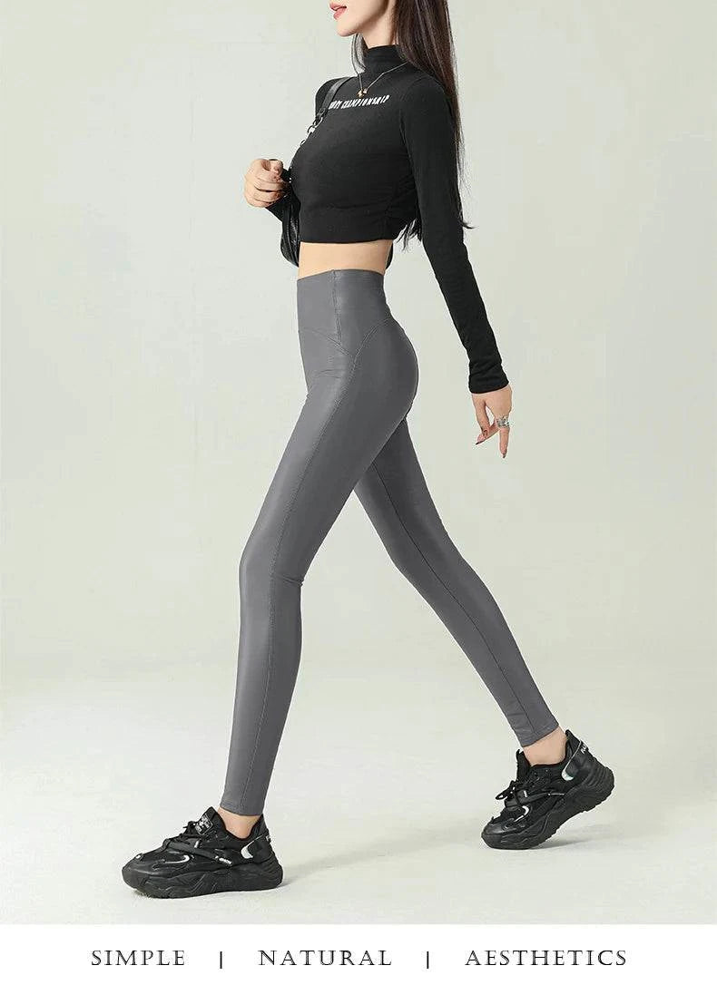 Fall Winter High-Grade Fleece PU Leather Leggings