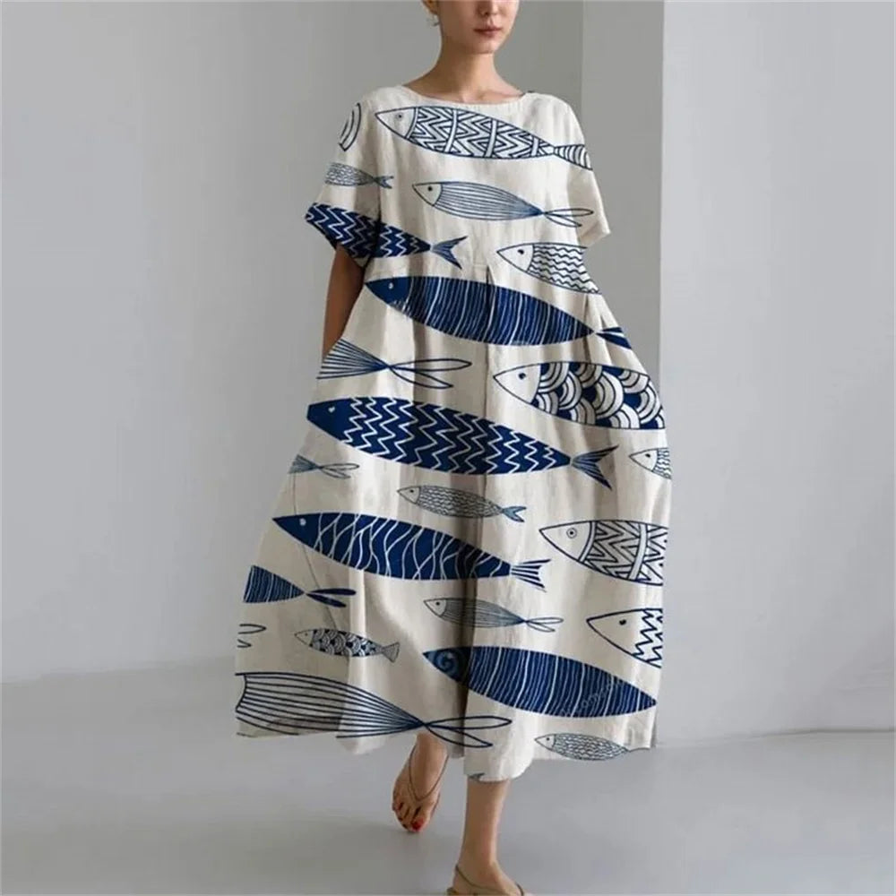 Vintage Fish Print Casual Dress