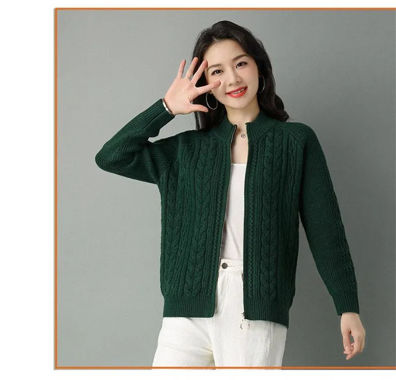 Half High Collar Zipper Knitted Cardigan Jacket for Women