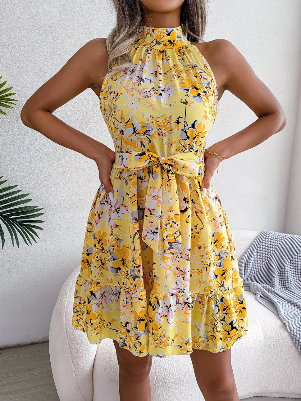 Floral Halter Neck Ruffled A-Line Dress