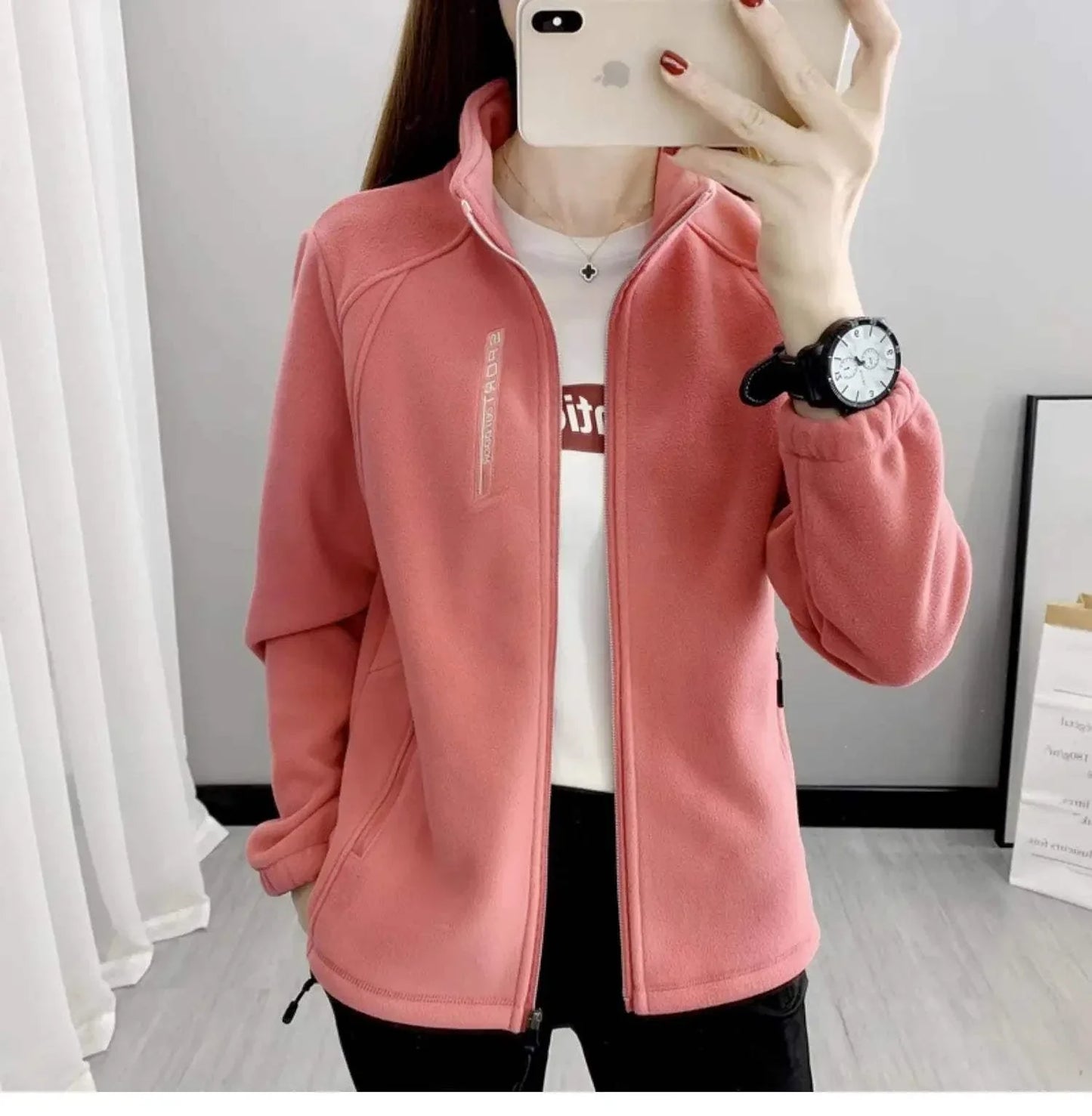 Plus size pink fleece coat for women, casual outdoor sportswear for winter and spring.