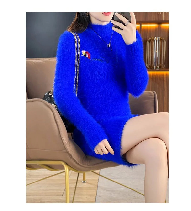 Autumn Winter Imitation Mink Fleece Sweater Dress