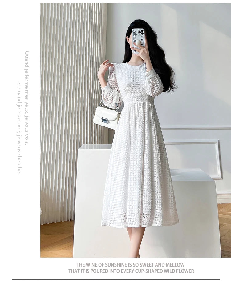 Elegant Lace Long Sleeve White Midi Dress