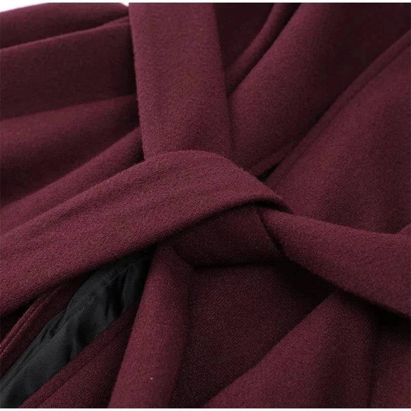 Close-up of Fashion Ancora Red Scarf Collar Cape Coat in premium woolen blend.