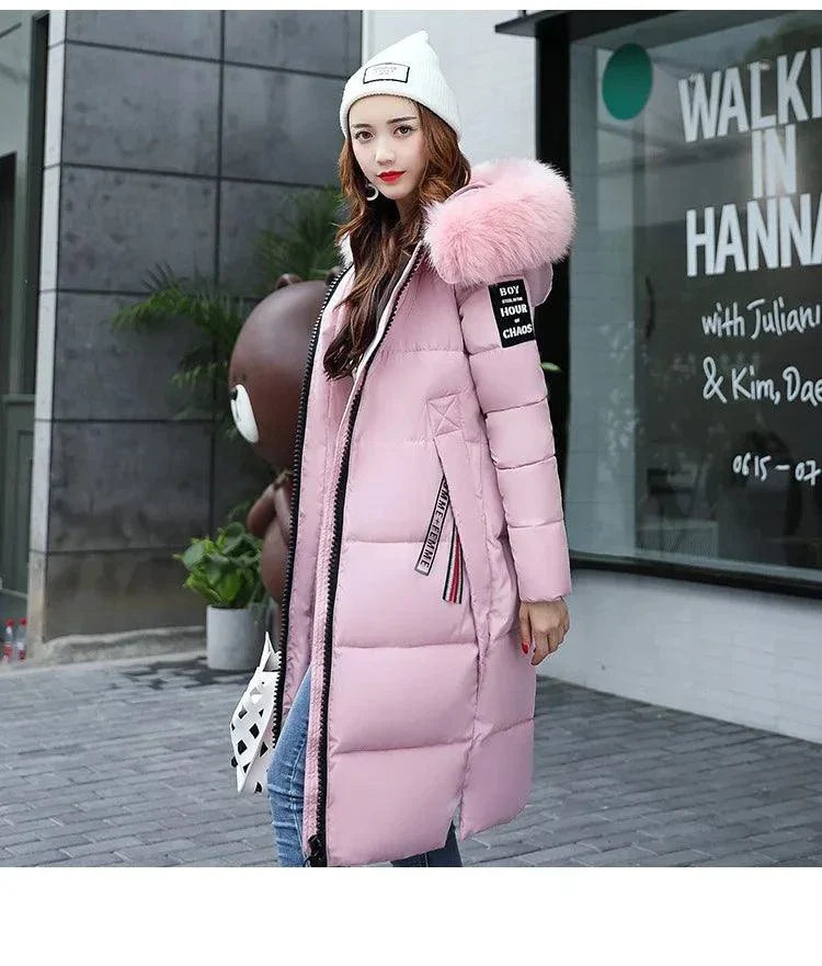 Winter fashion jacket women fur collar hoodie parka in pink, casual zipper style with bubble puffer design.