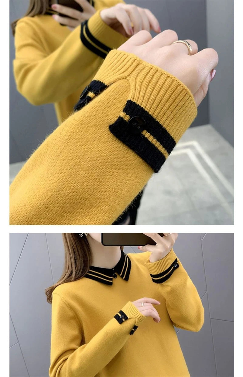 New Autumn Winter Contrast Color Doll Collar Sweater for Women