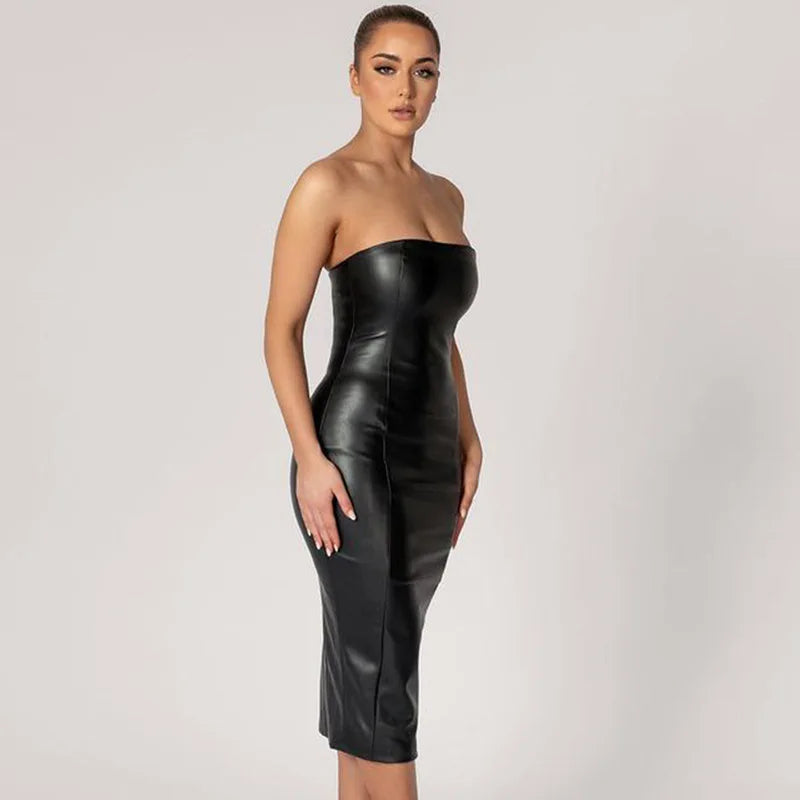 Slim Fit PU Leather Mid-Length Dress