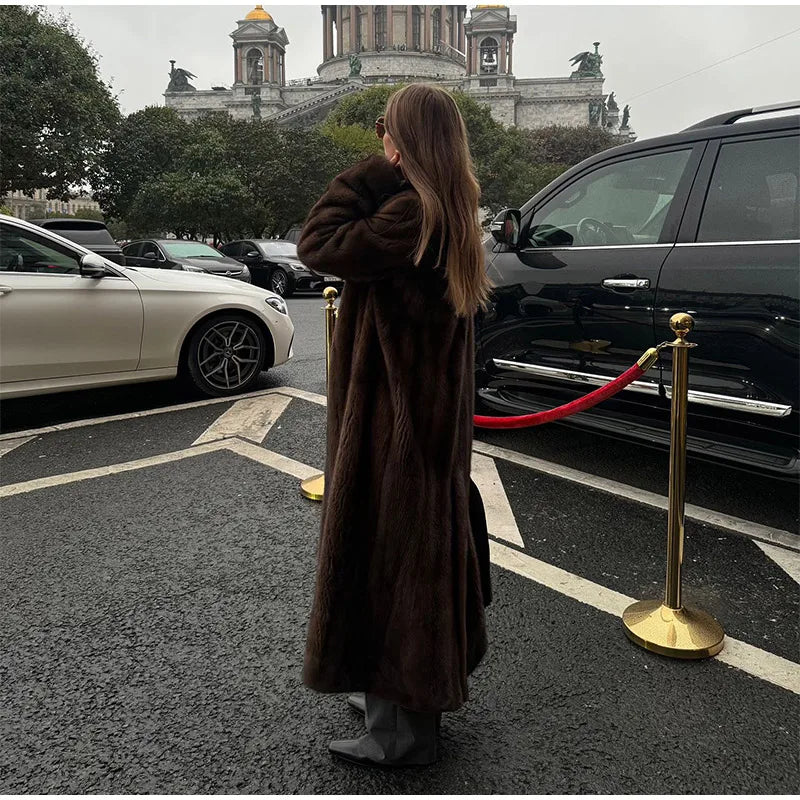 Dark Brown Faux Fur Long Overcoat for Women