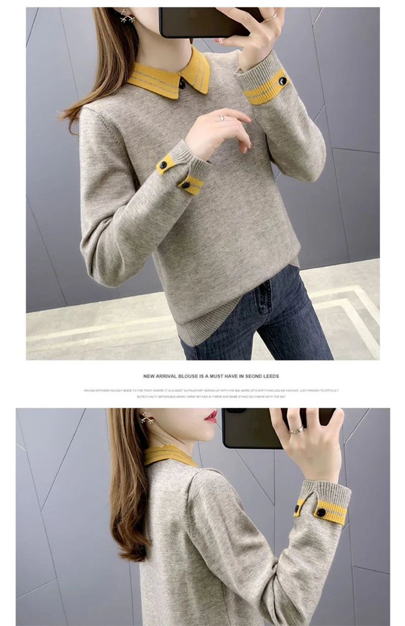 New Autumn Winter Contrast Color Doll Collar Sweater for Women